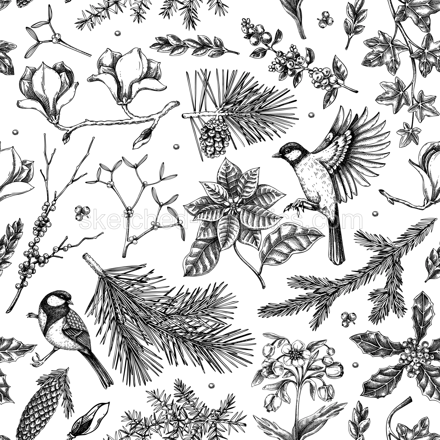  Winter garden seamless pattern. Christmas background. Winter flowers, conifer tree, bird sketches. Hand drawn vector illustration. NOT AI generated Illustration